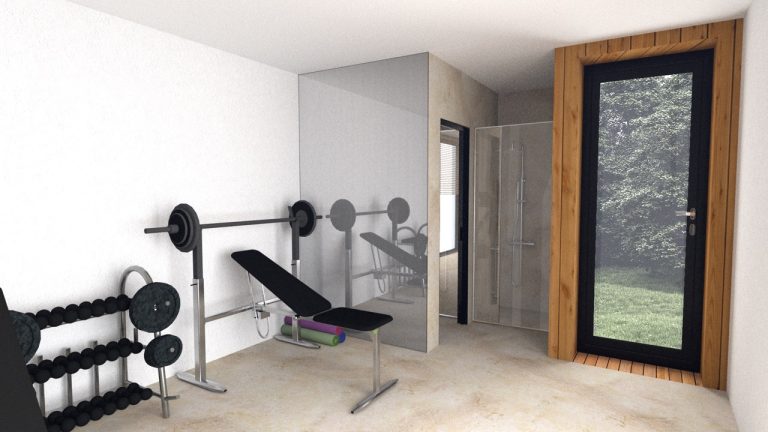 Tiny house fitness je plně vybavená posilovna se všemi stroji, lavicemi a činkami.