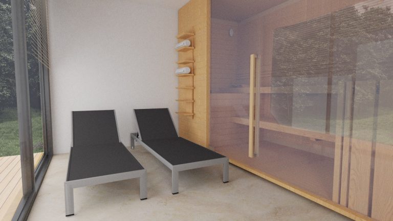 Sauna přímo na zahradu tiny house ve variatně se zadní stranou. Finská sauna podle potřeb s lehátky.